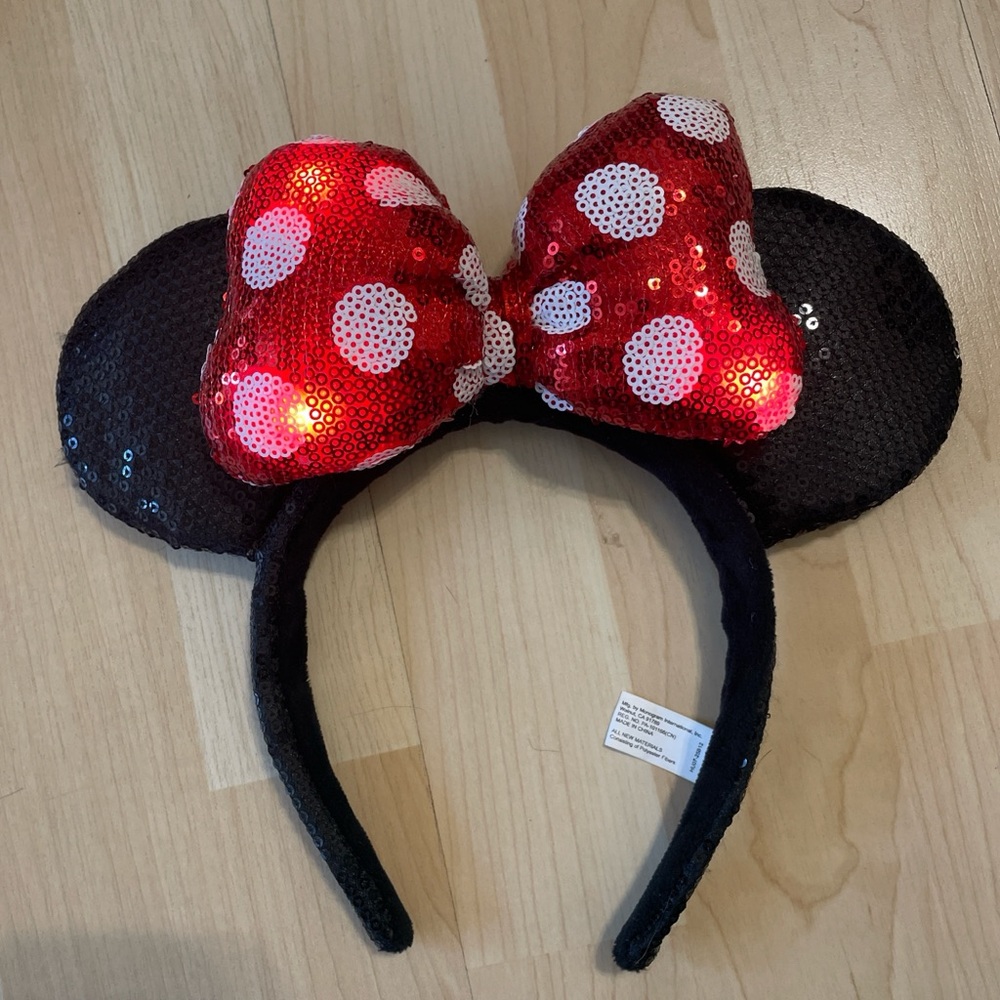 Disney Sequin Ear Headband with Red and White Polka Dot Bow